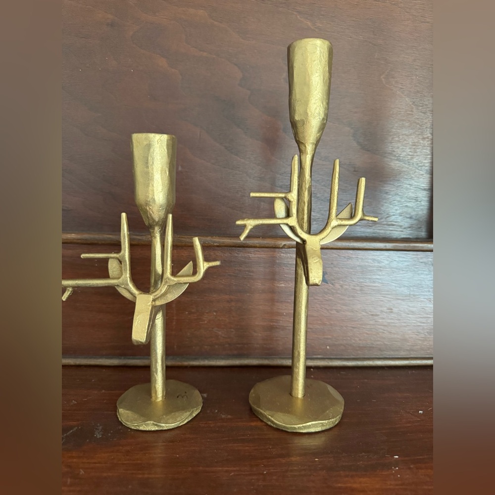Forged Iron Antique Gold Deer Taper Candle Holders - Set of 2